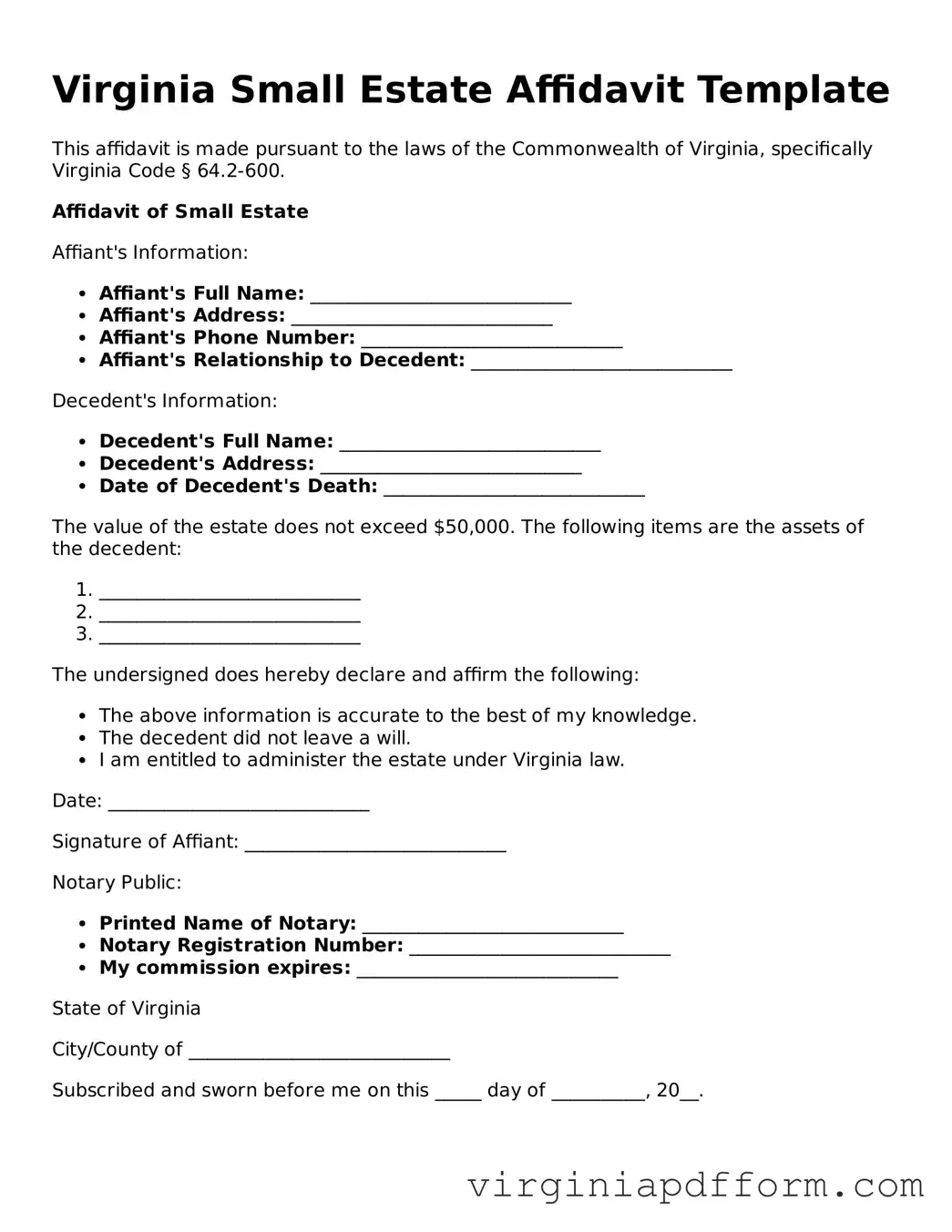Valid  Small Estate Affidavit Template for Virginia