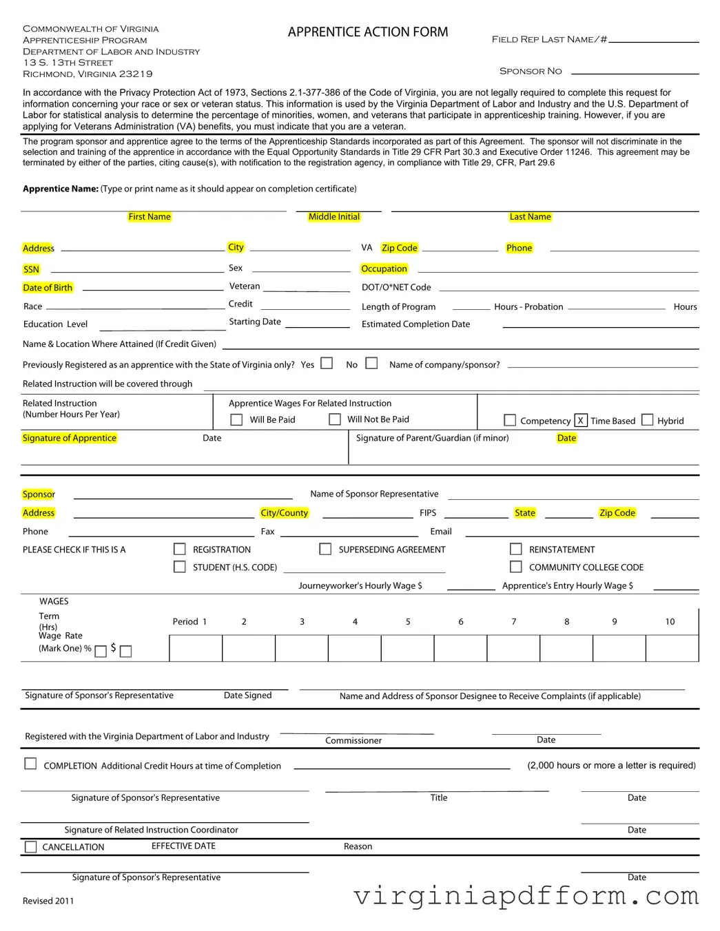 Virginia Apprentice Action Form