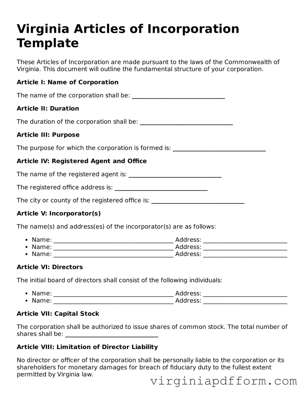 Valid  Articles of Incorporation Template for Virginia