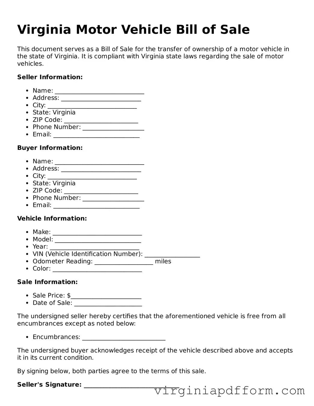 Valid  Motor Vehicle Bill of Sale Template for Virginia