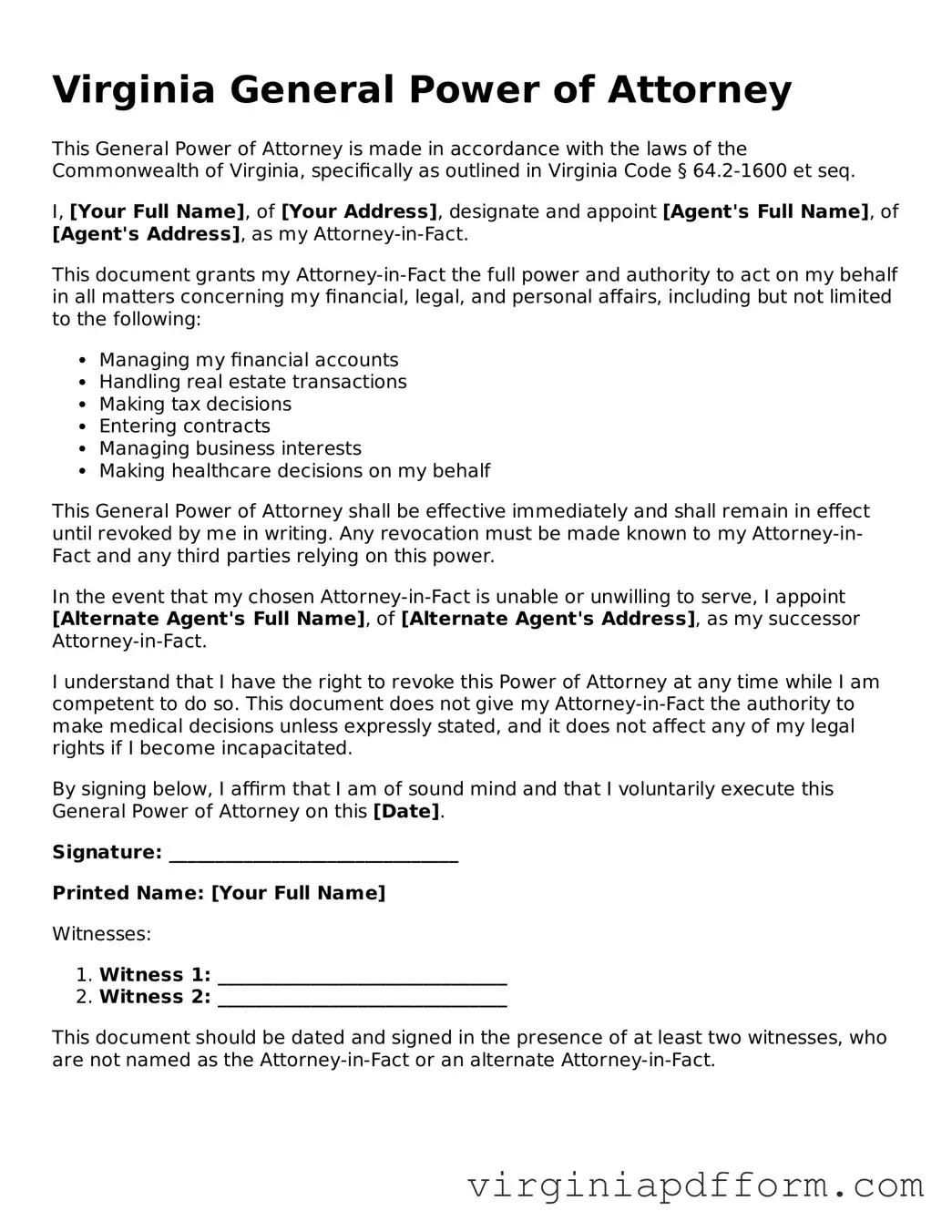 Valid  General Power of Attorney Template for Virginia