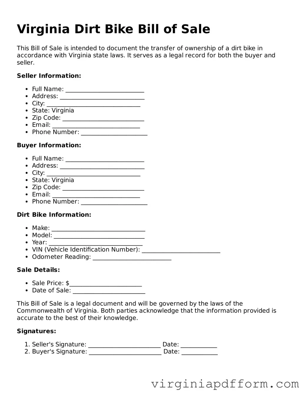 Valid  Dirt Bike Bill of Sale Template for Virginia