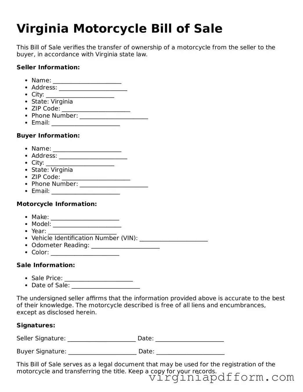 Valid  Motorcycle Bill of Sale Template for Virginia