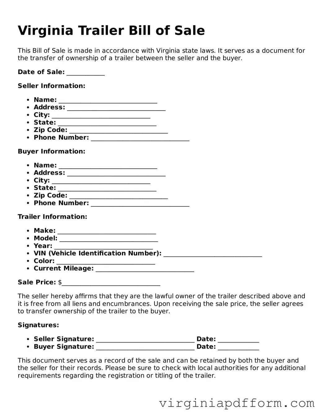 Valid  Trailer Bill of Sale Template for Virginia