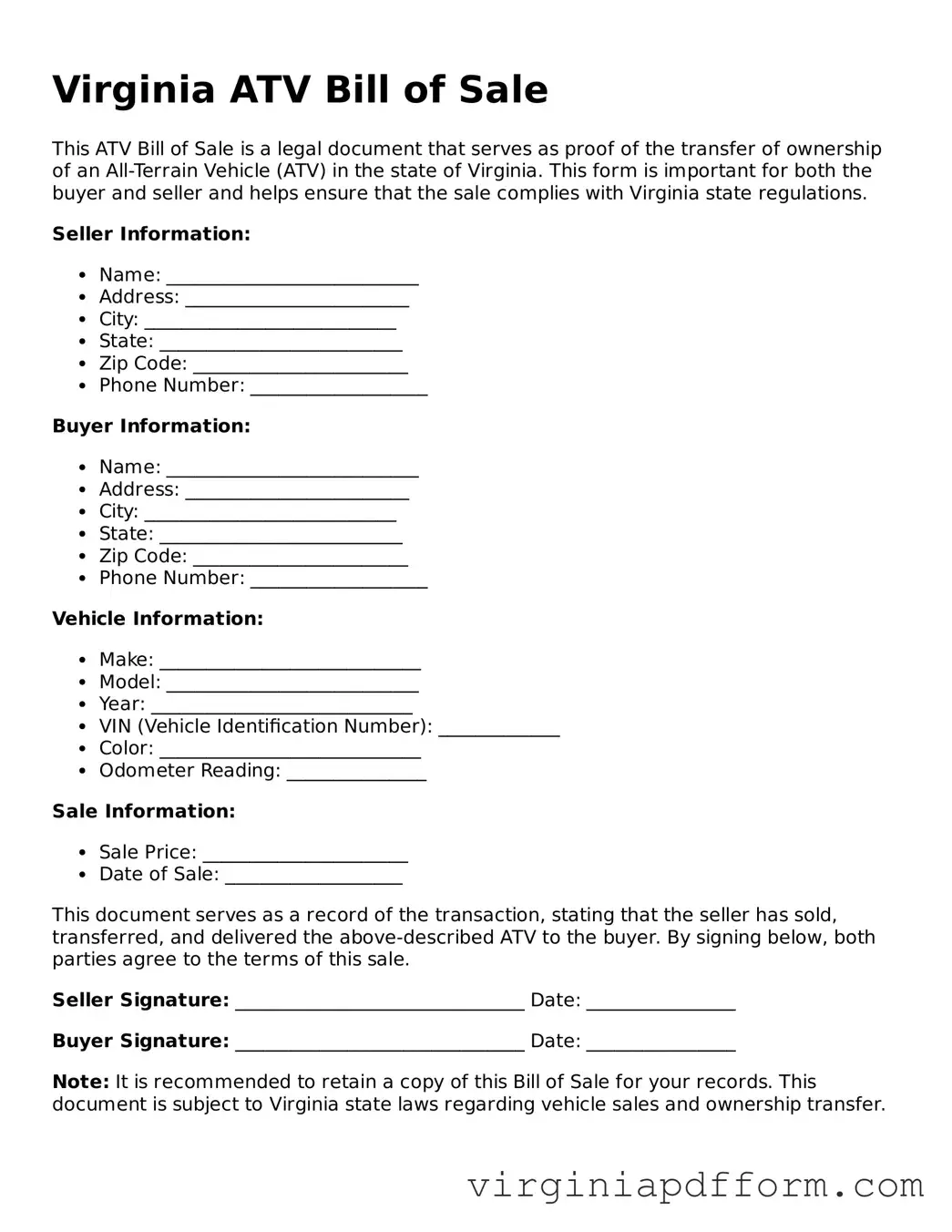Valid  ATV Bill of Sale Template for Virginia