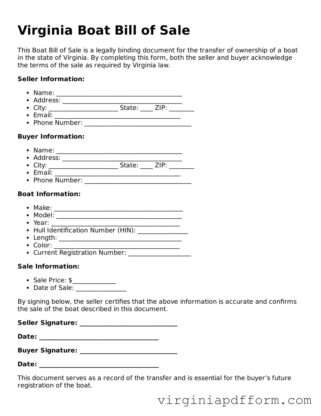 Valid  Boat Bill of Sale Template for Virginia