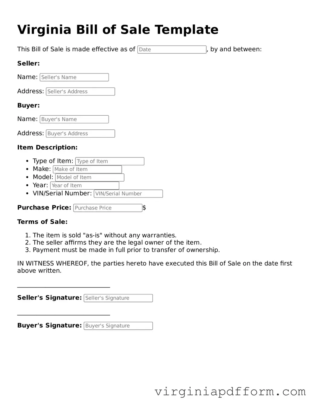 Valid  Bill of Sale Template for Virginia