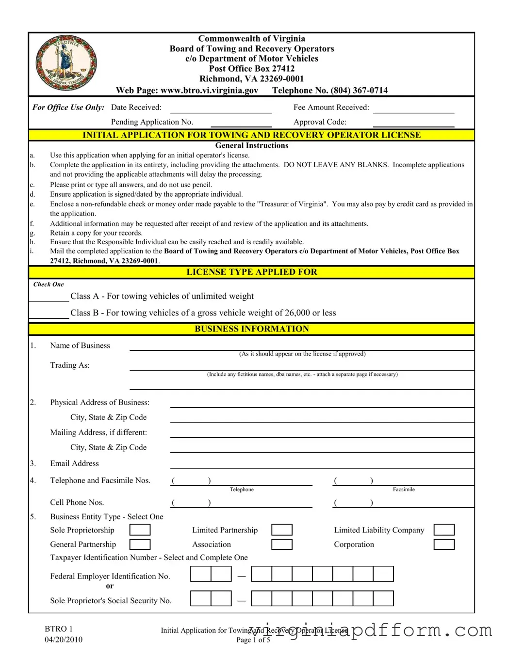 Virginia Btro 1 Form