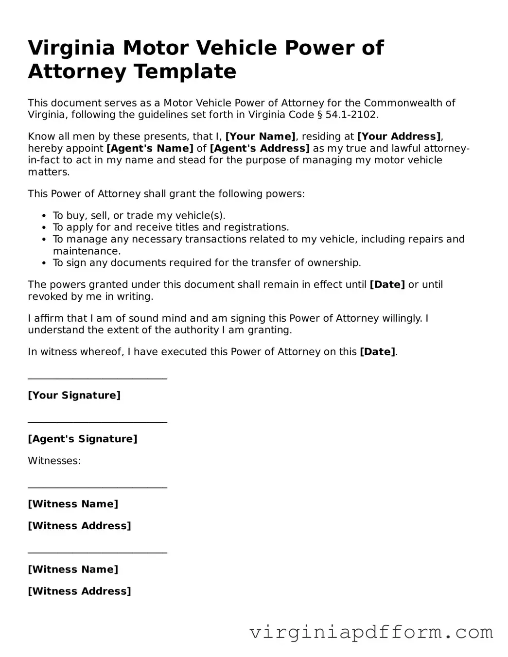 Valid  Motor Vehicle Power of Attorney Template for Virginia