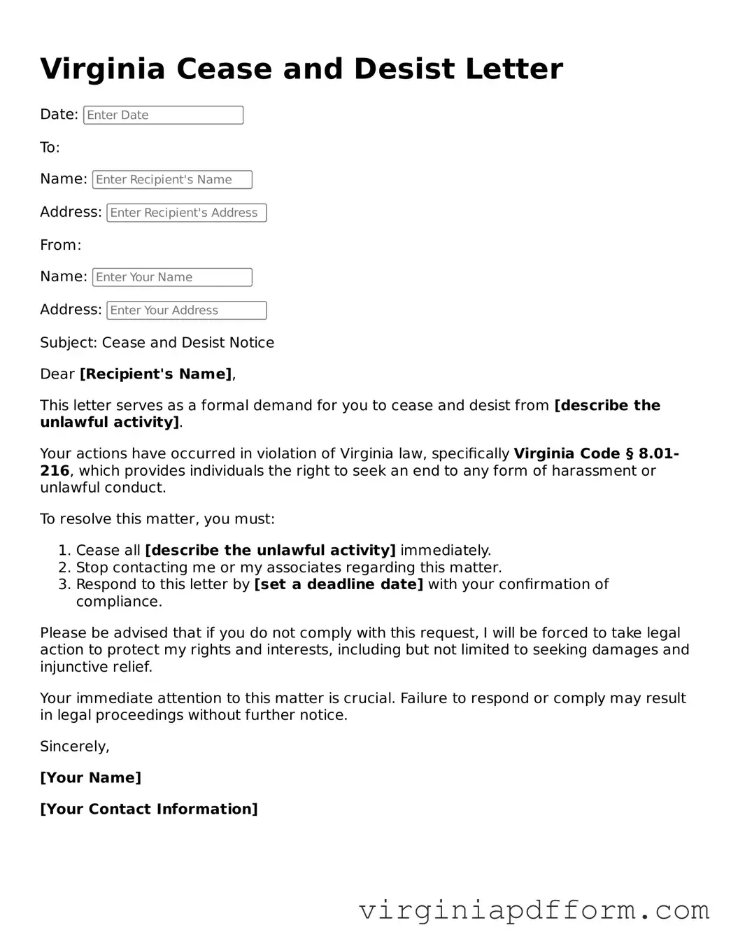 Valid  Cease and Desist Letter Template for Virginia