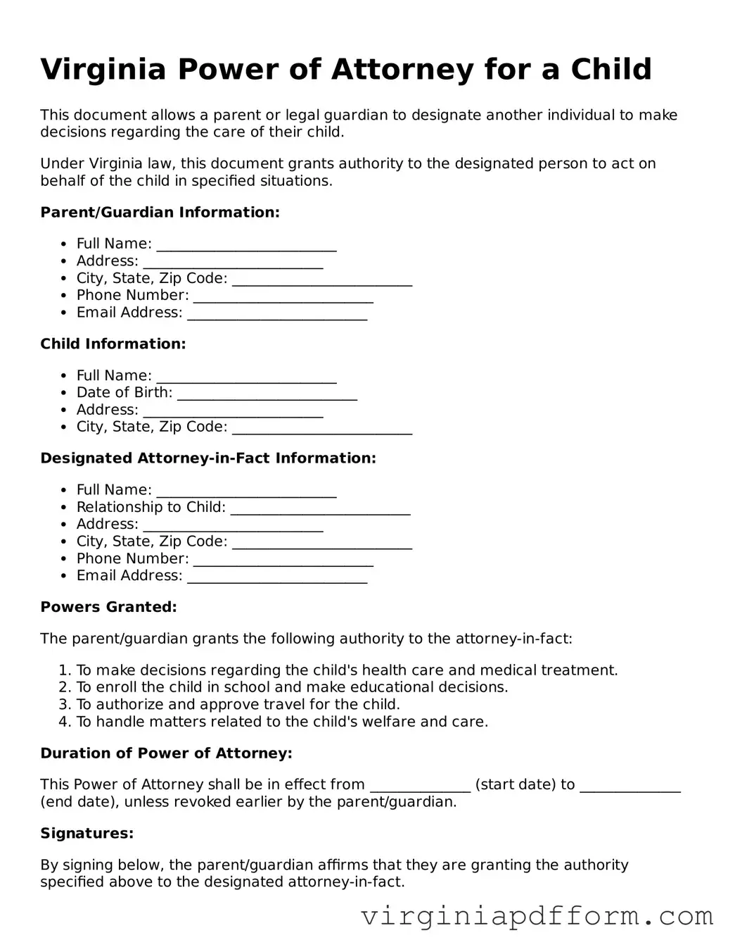 Valid  Power of Attorney for a Child Template for Virginia