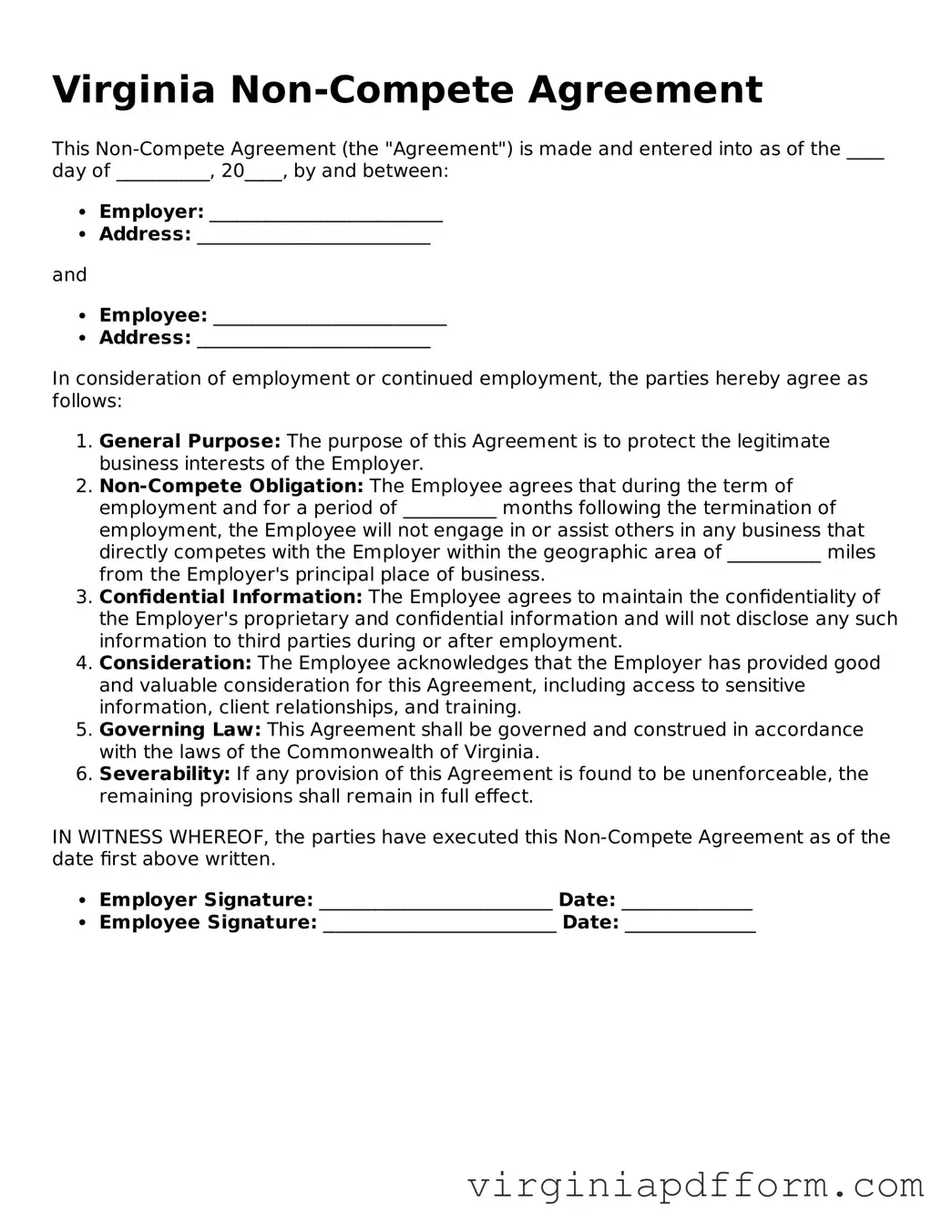 Valid  Non-compete Agreement Template for Virginia
