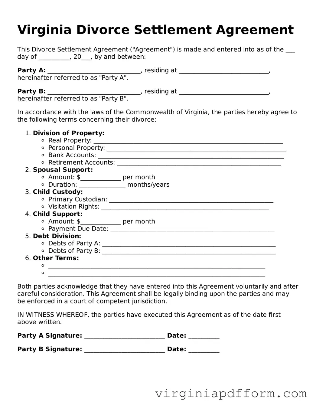 Valid  Divorce Settlement Agreement Template for Virginia