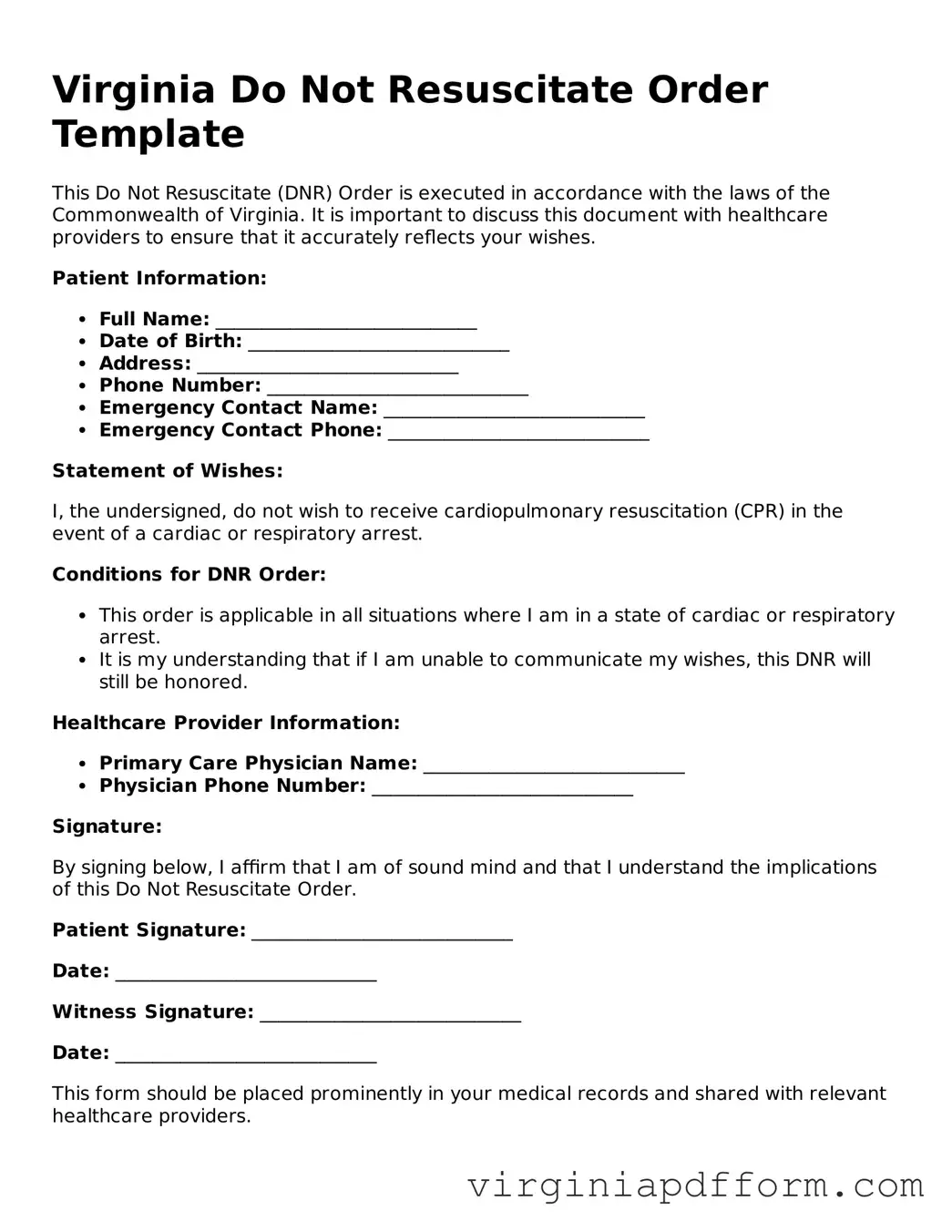 Valid  Do Not Resuscitate Order Template for Virginia