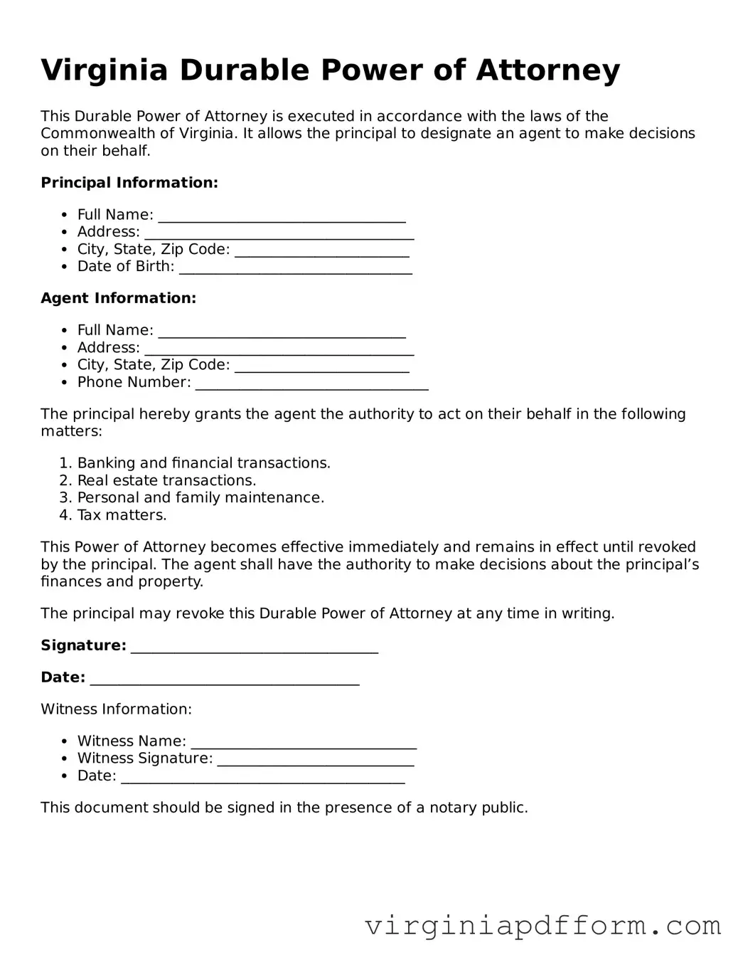 Valid  Durable Power of Attorney Template for Virginia