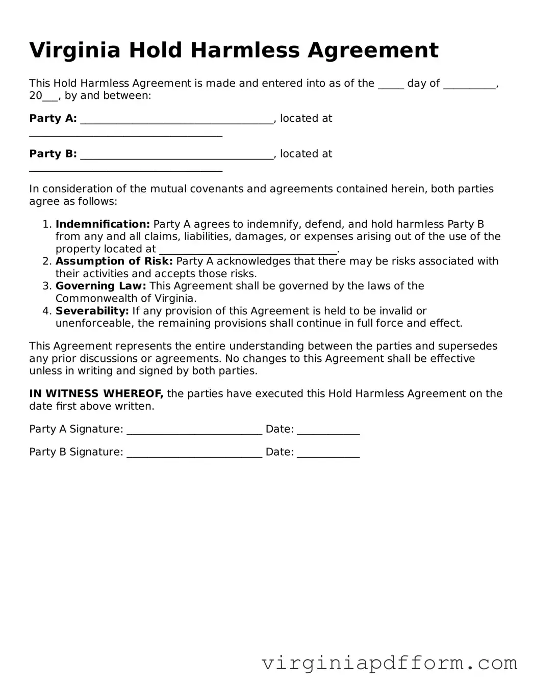 Valid  Hold Harmless Agreement Template for Virginia