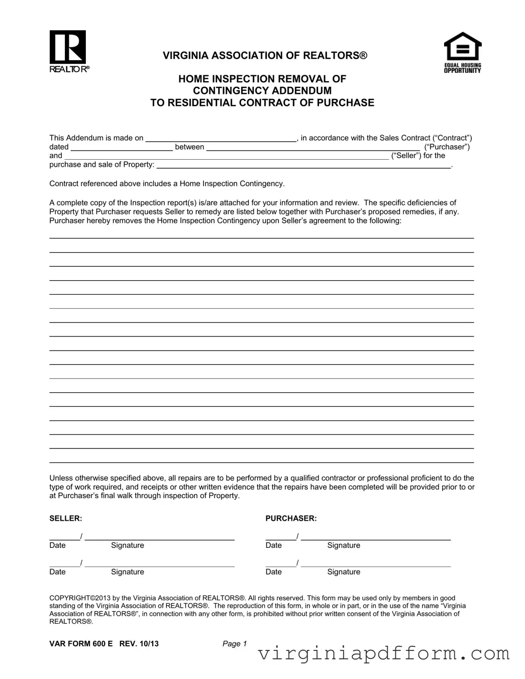 Virginia Home Inspection Addendum Form