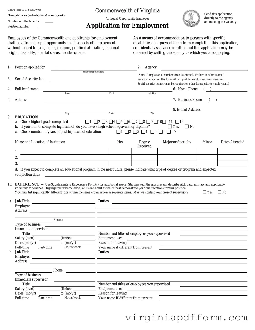 Virginia Job Application Form