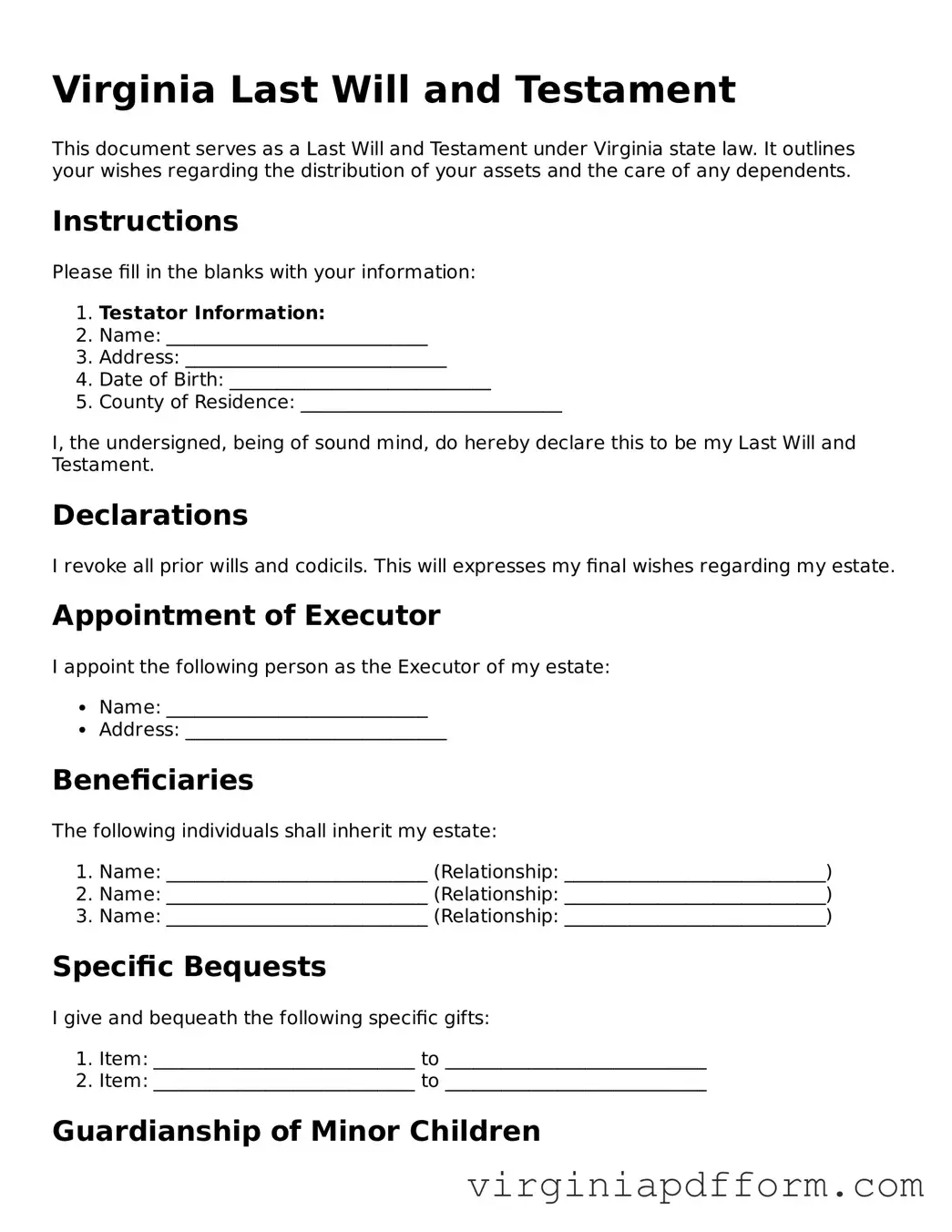 Valid  Last Will and Testament Template for Virginia