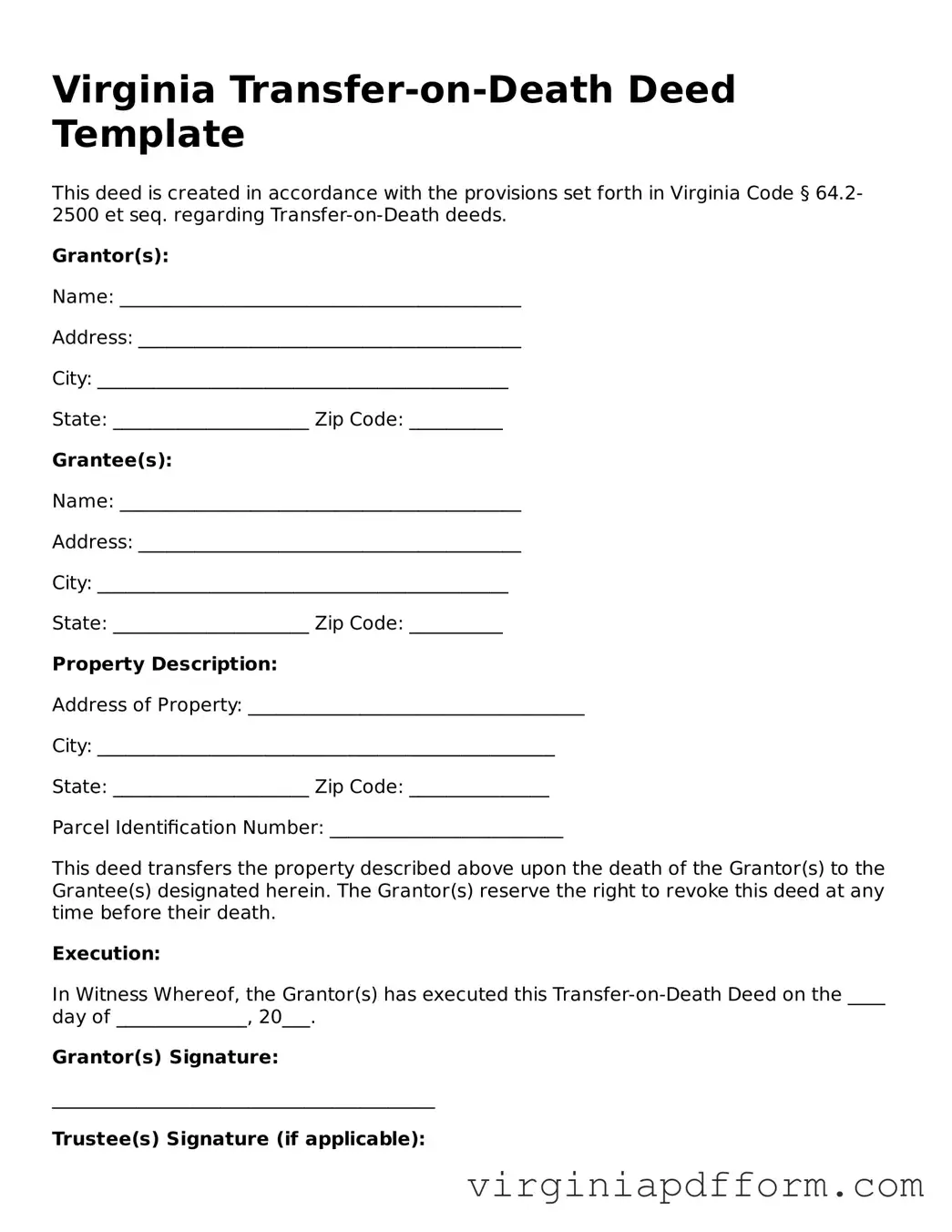 Valid  Transfer-on-Death Deed Template for Virginia