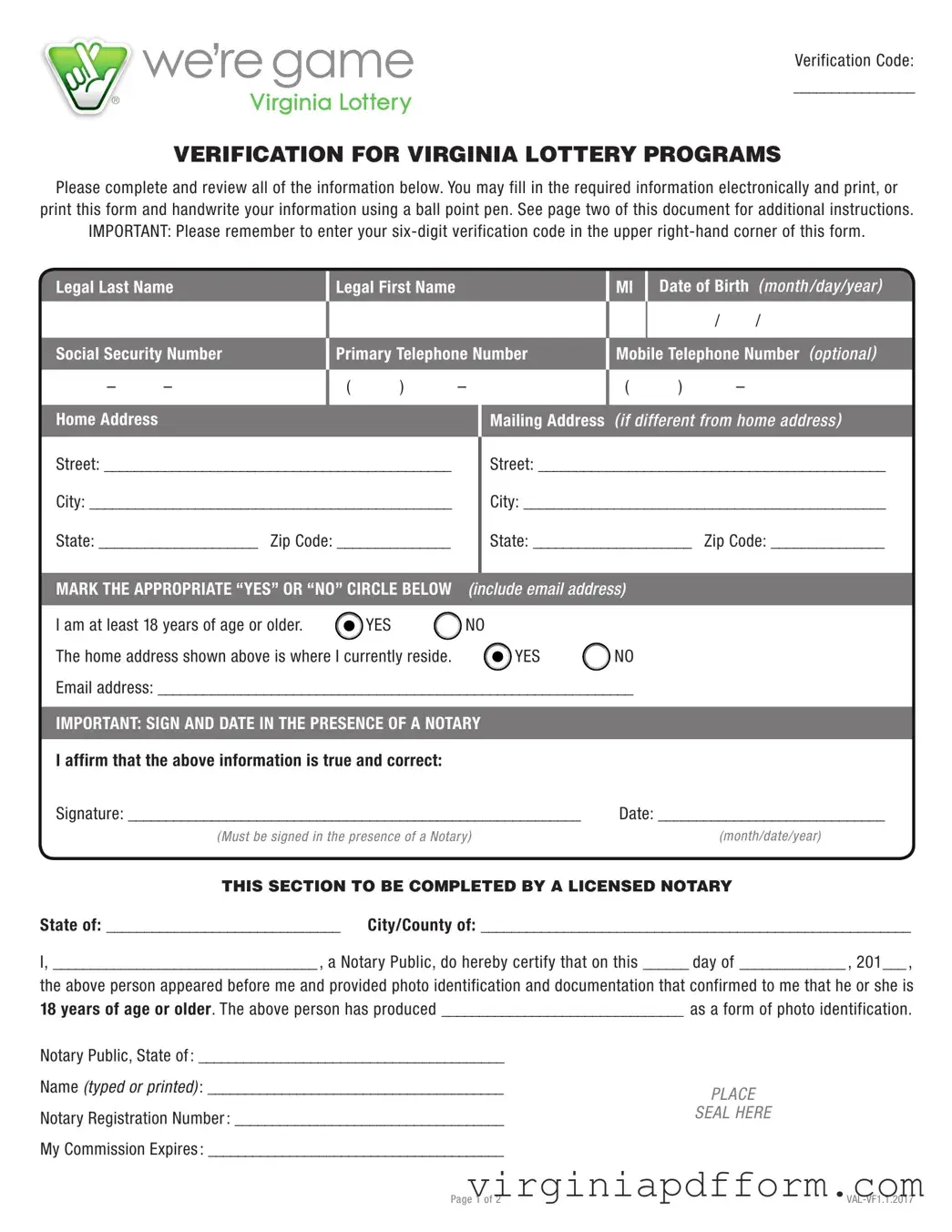 Virginia Lottery Form