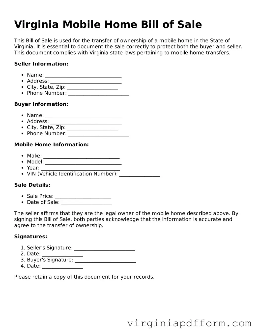 Valid  Mobile Home Bill of Sale Template for Virginia