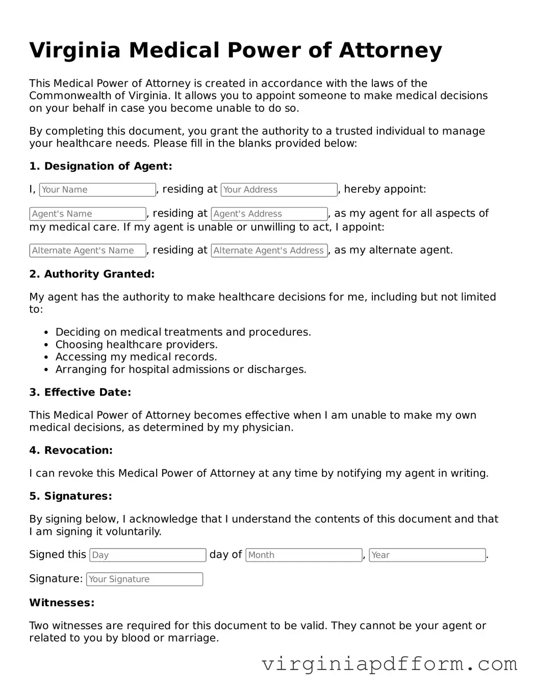 Valid  Medical Power of Attorney Template for Virginia