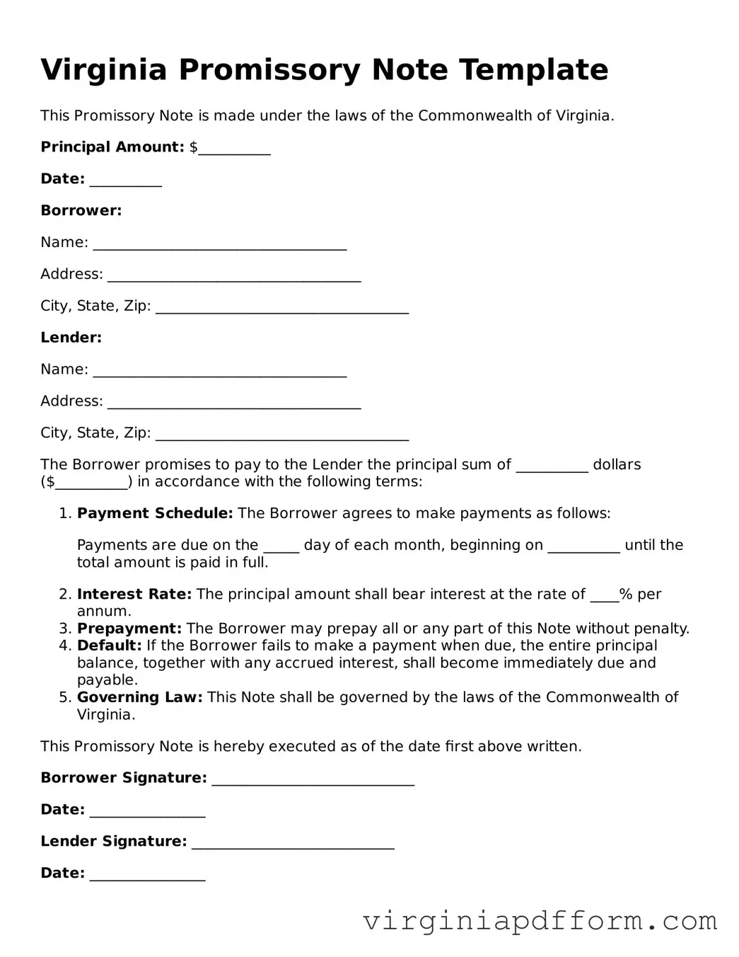 Valid  Promissory Note Template for Virginia