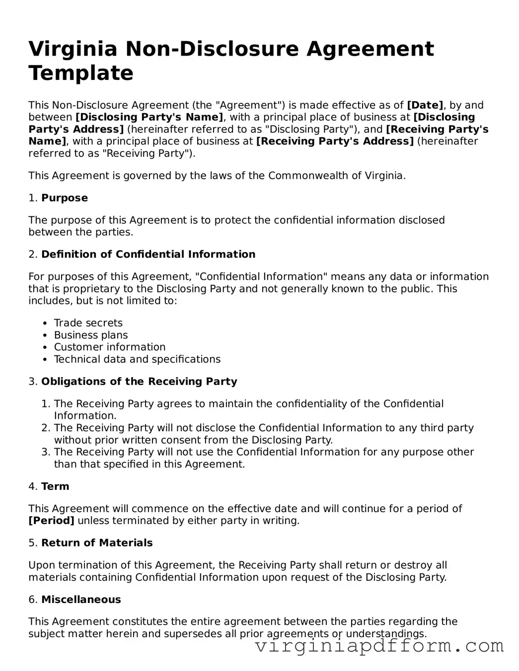 Valid  Non-disclosure Agreement Template for Virginia