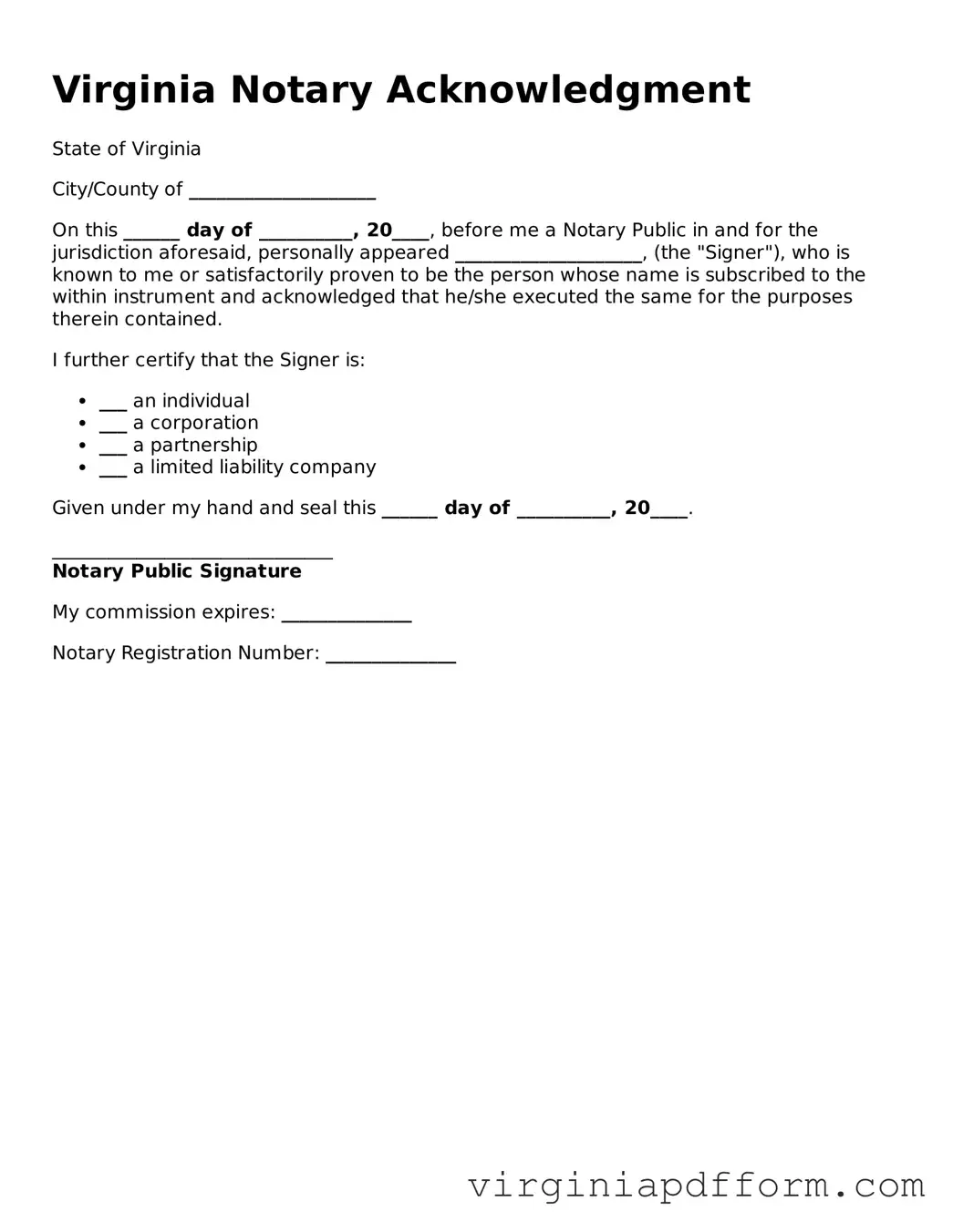 Valid  Notary Acknowledgement Template for Virginia