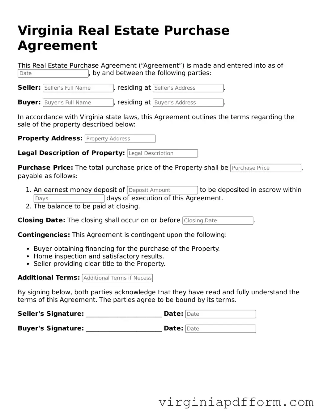 Valid  Real Estate Purchase Agreement Template for Virginia