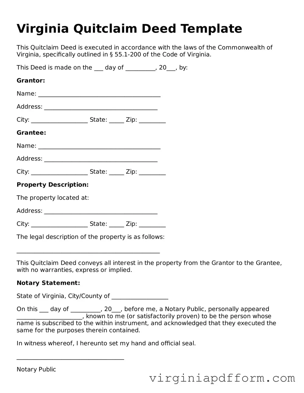 Valid  Quitclaim Deed Template for Virginia