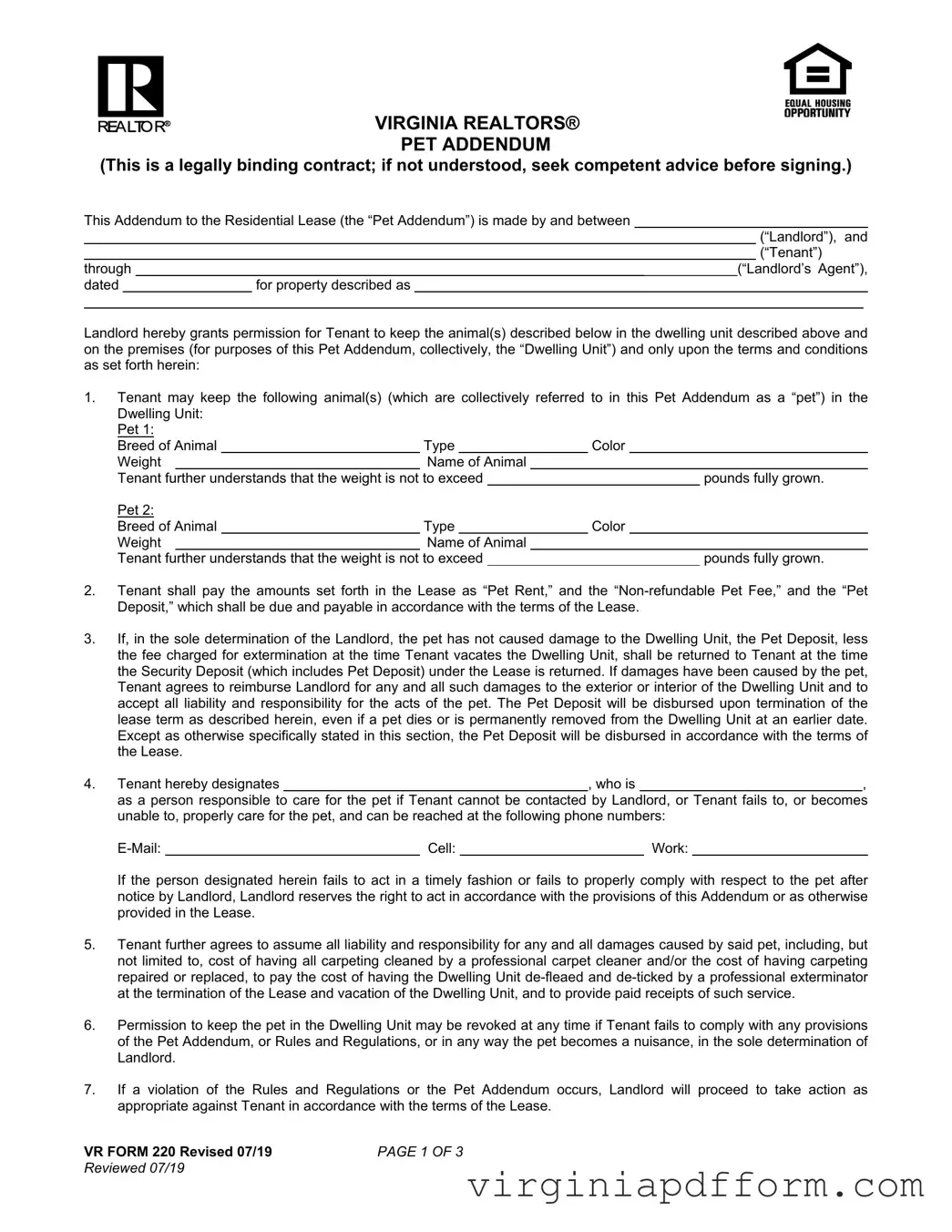 Virginia Realtors Pet Addendum Form