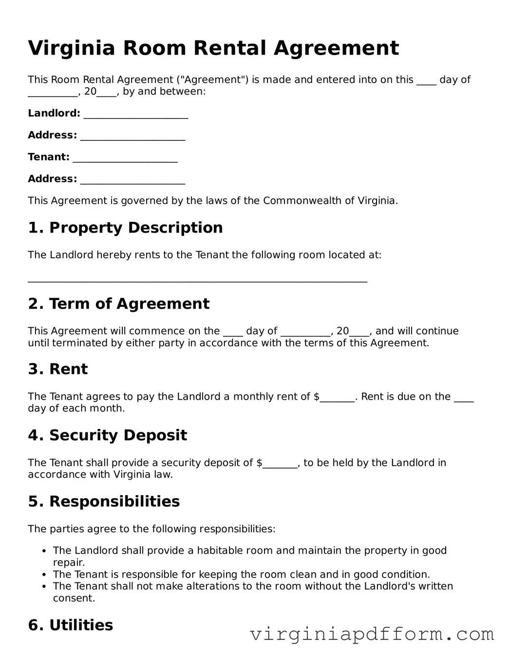 Valid  Room Rental Agreement Template for Virginia