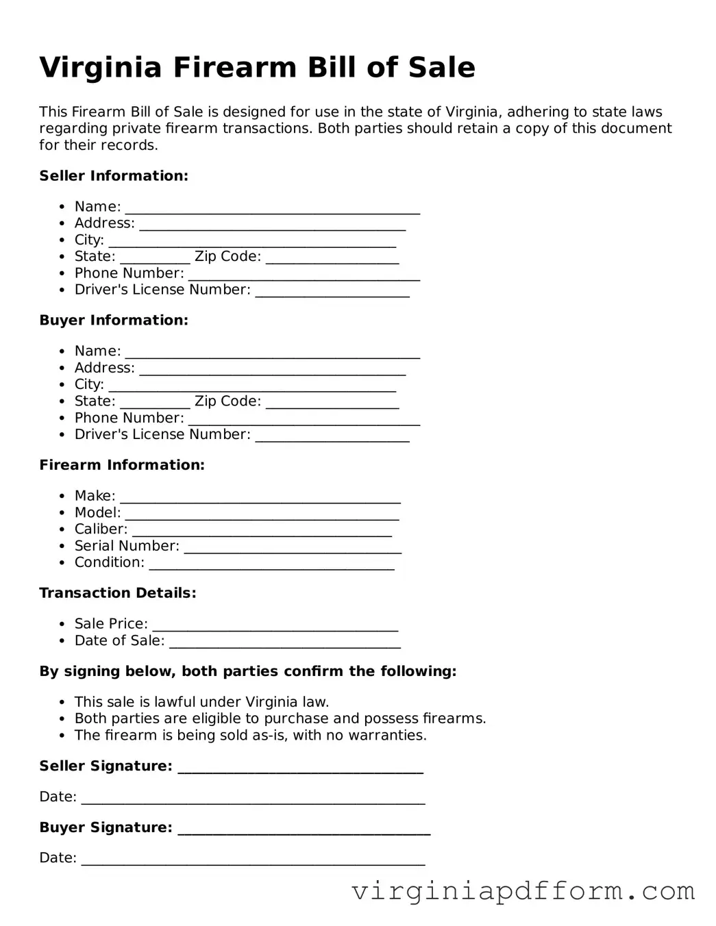 Valid  Firearm Bill of Sale Template for Virginia
