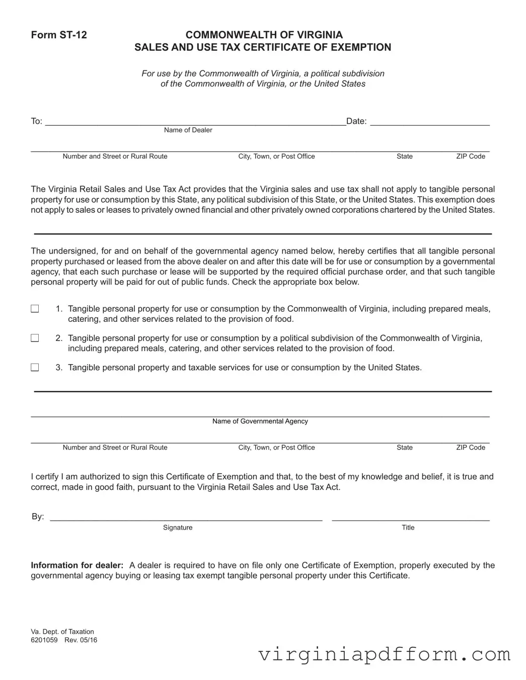 Virginia Sales Tax Exemption Form