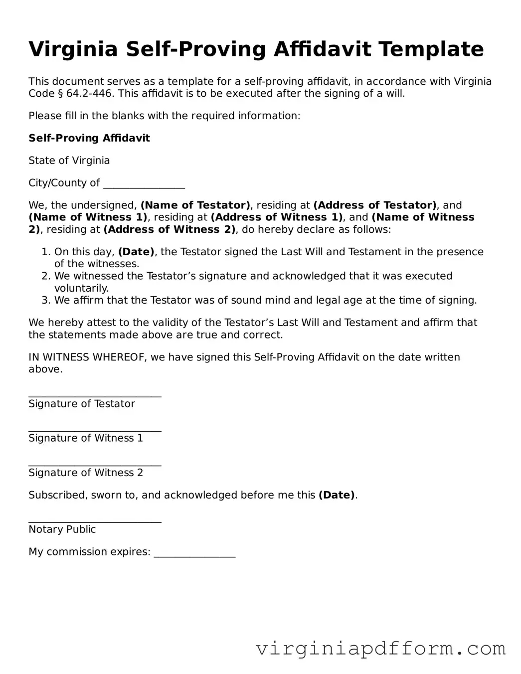 Valid  Self-Proving Affidavit Template for Virginia