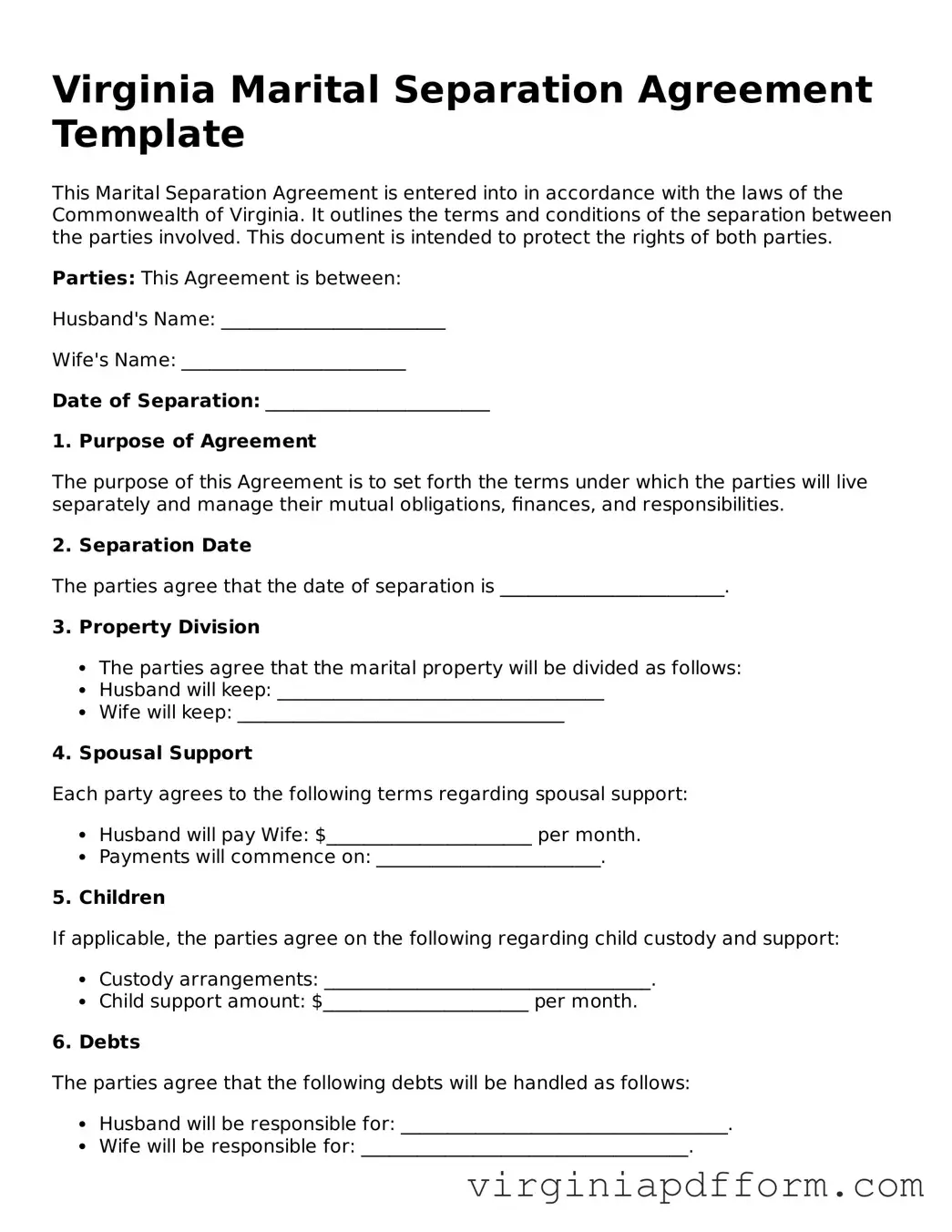 Valid  Marital Separation Agreement Template for Virginia