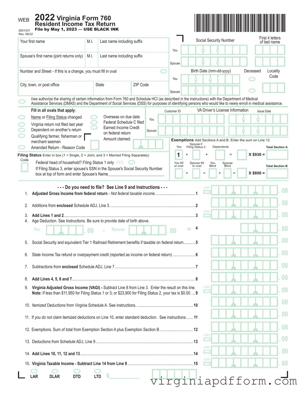 Virginia State Tax Return 760 Form