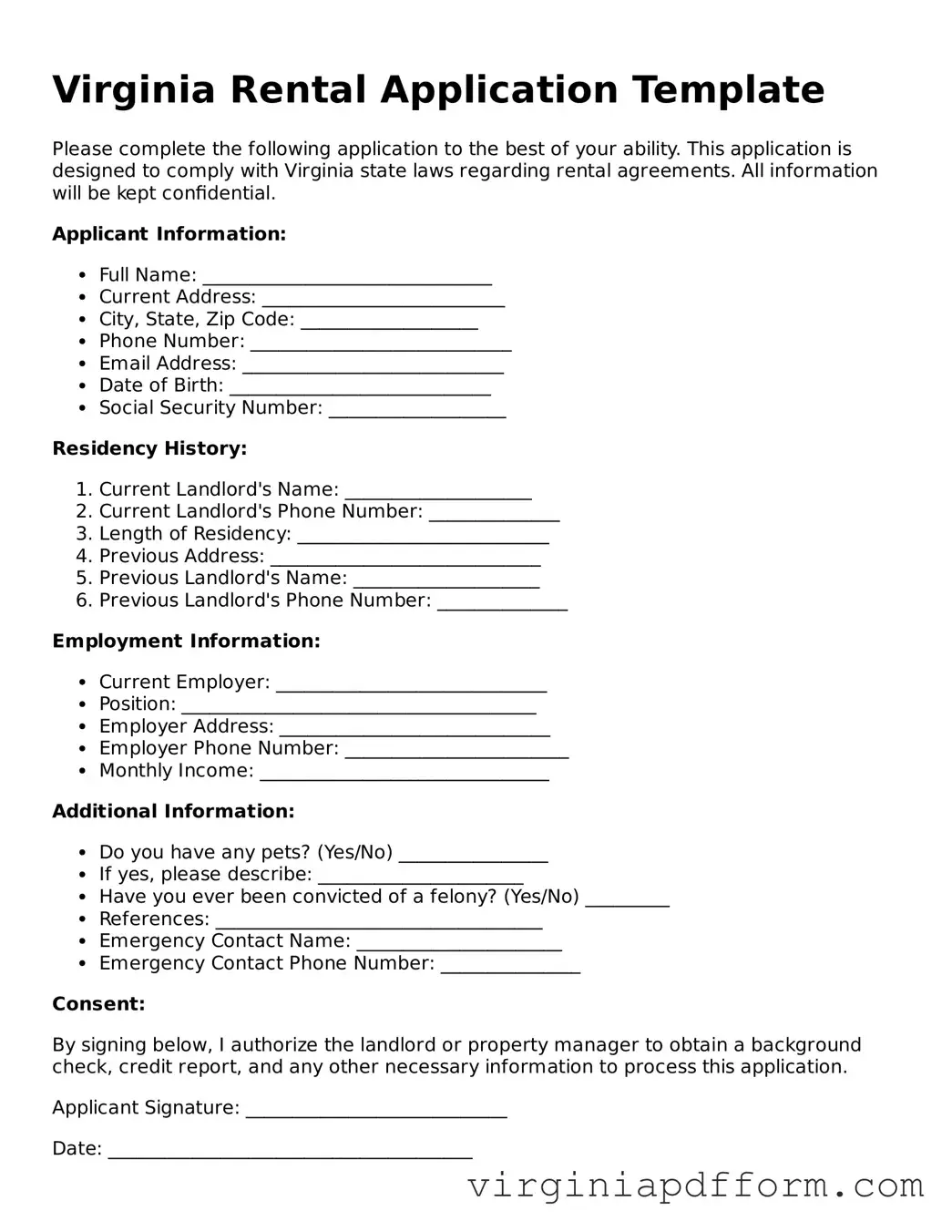 Valid  Rental Application Template for Virginia