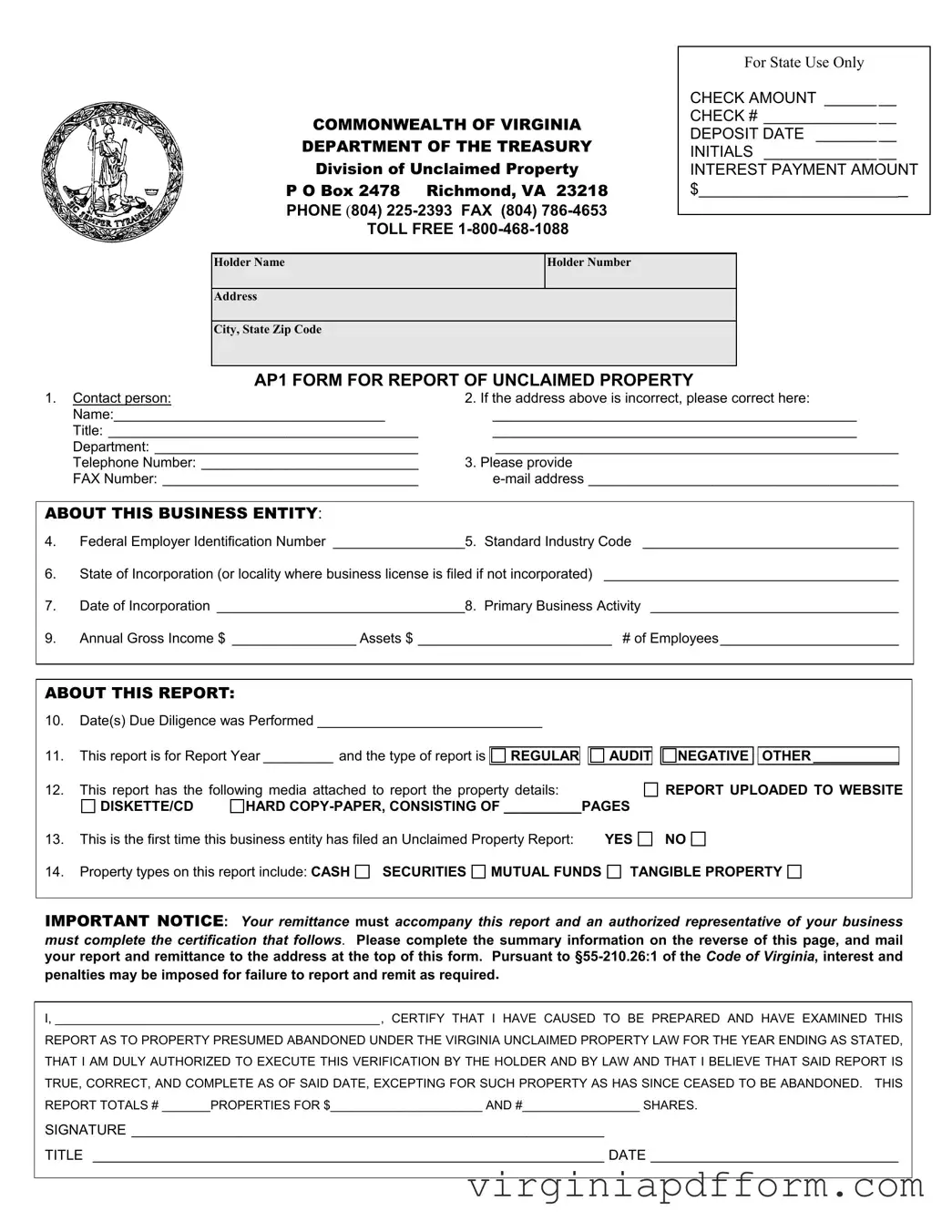 Virginia Unclaimed Property Form